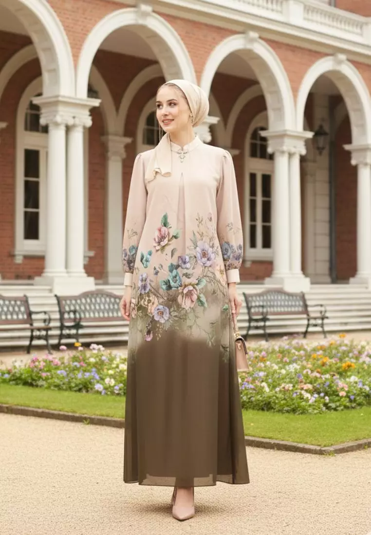 Mosleem Long Dress Floral Motif In Cream By Brilliant Girl Warna CREAM