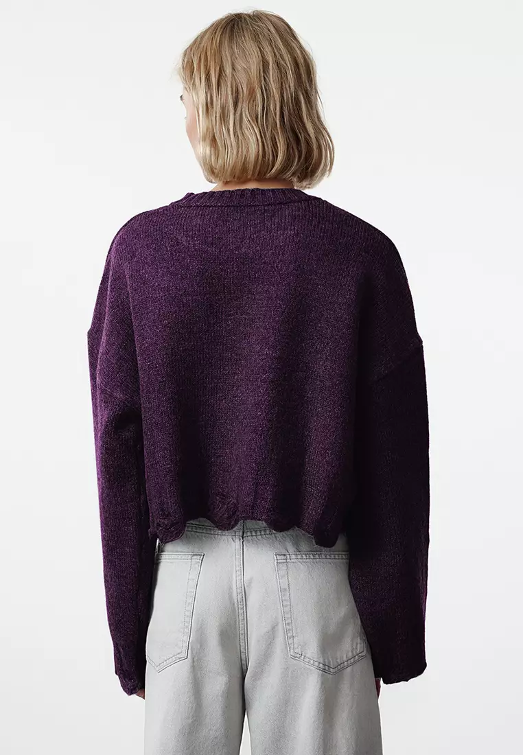 Purple Crop Wide Fit Soft Textured Pullover Detailed Sweater