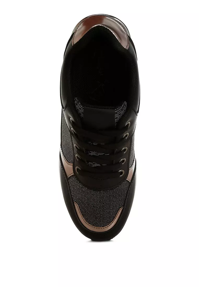 Faux Leather & Mesh Sneakers In Black