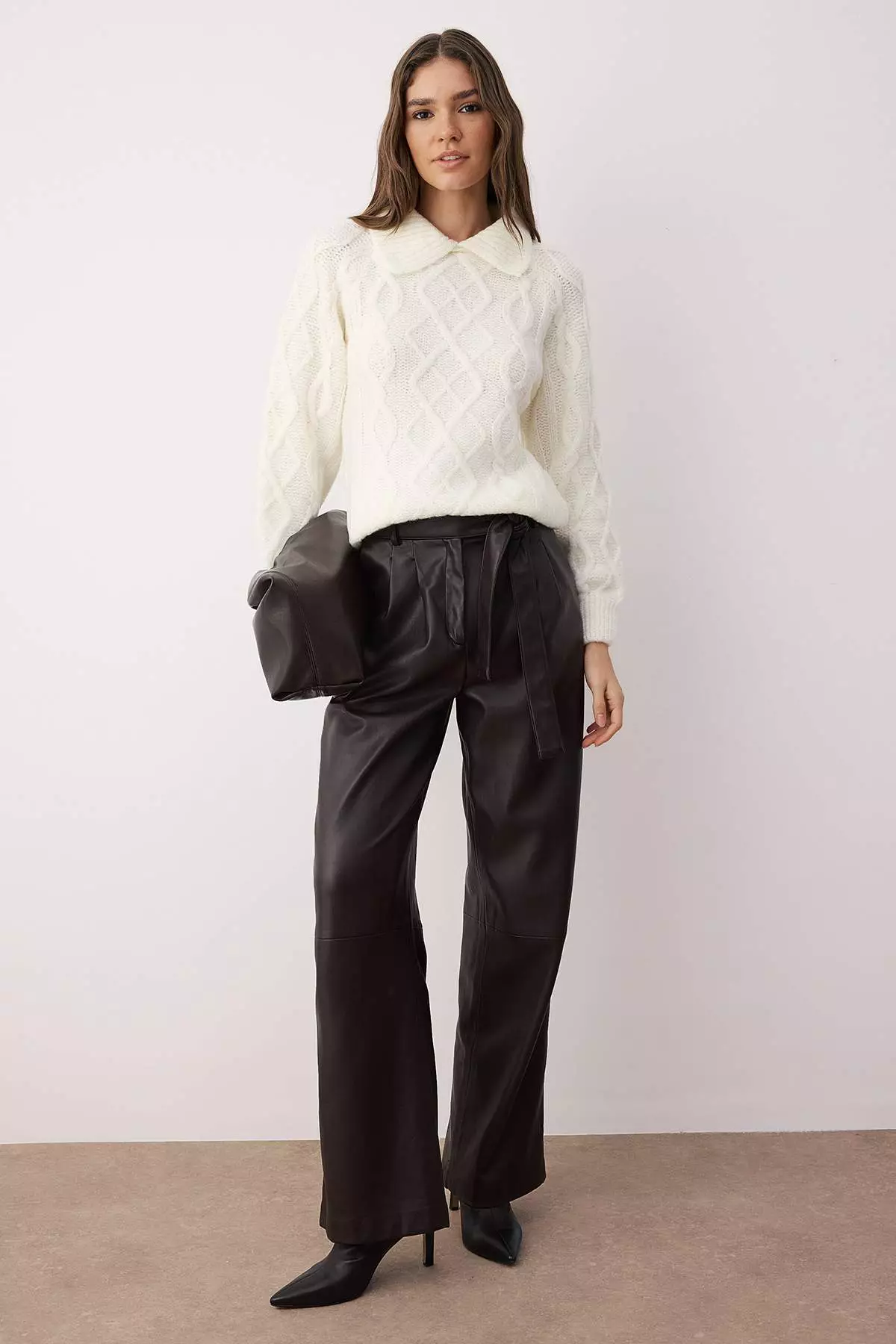 Ecru Soft Textured Knitted Patterned Knitwear Sweater