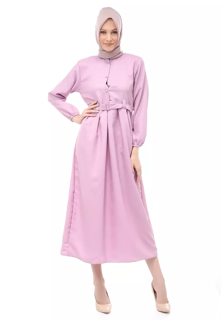 Berliana Gamis Muslimah Wanita With Belt Motif Polos Long Sleeve Relaxed Fit - Ungu Lilac