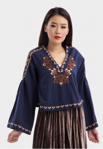 Batik Embroidery Blouse in Navy