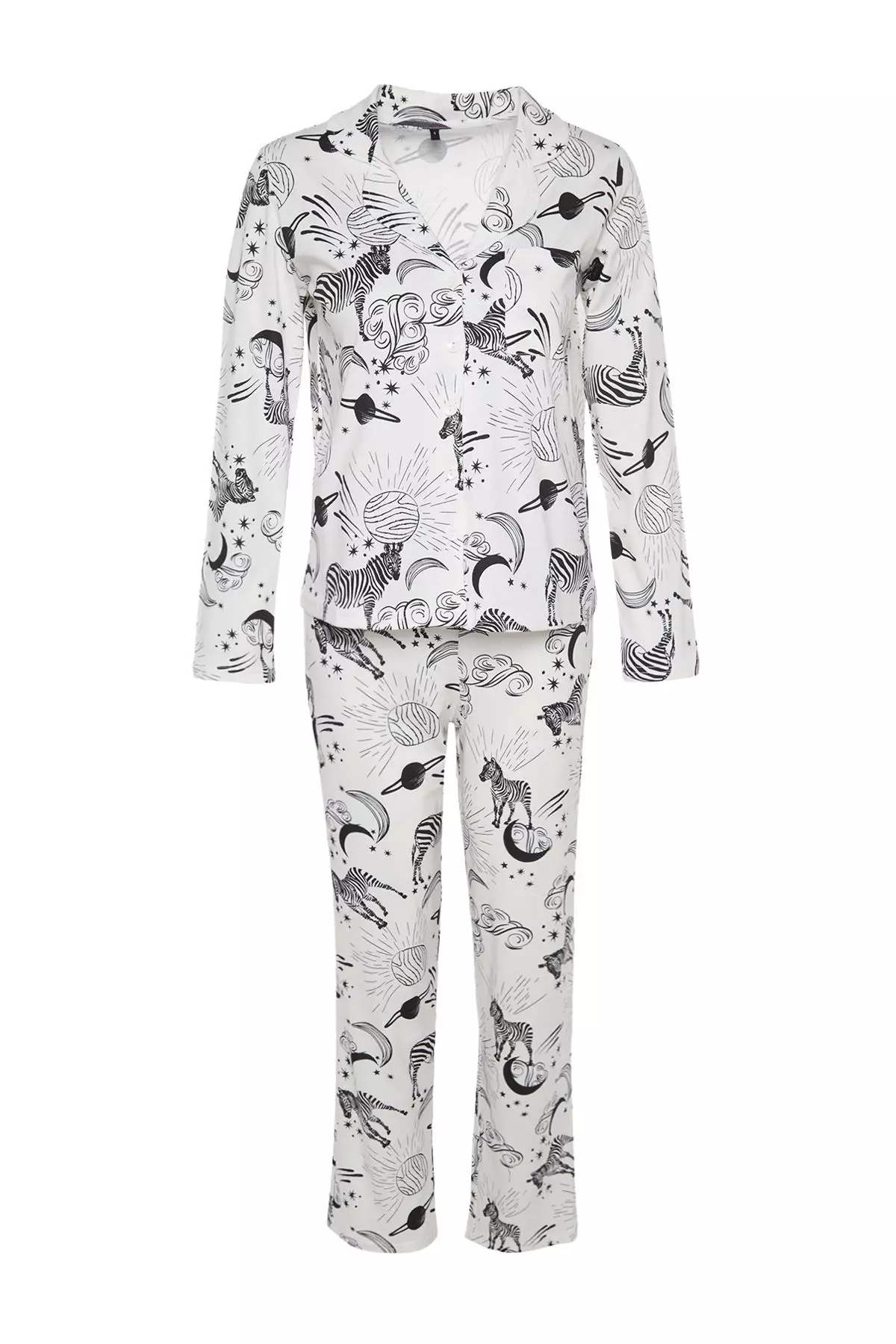 White 100% Cotton Patterned Shirt-Pants Knitted Pajama Set THMAW24PT00002