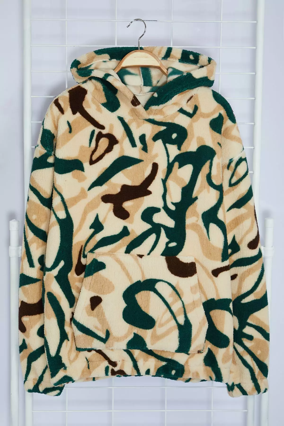 Multicolored Unisex Oversize/Wide Cut Patterned Sherpa Fleece/Plush Hooded Sweatshirt TMNAW25SW00147