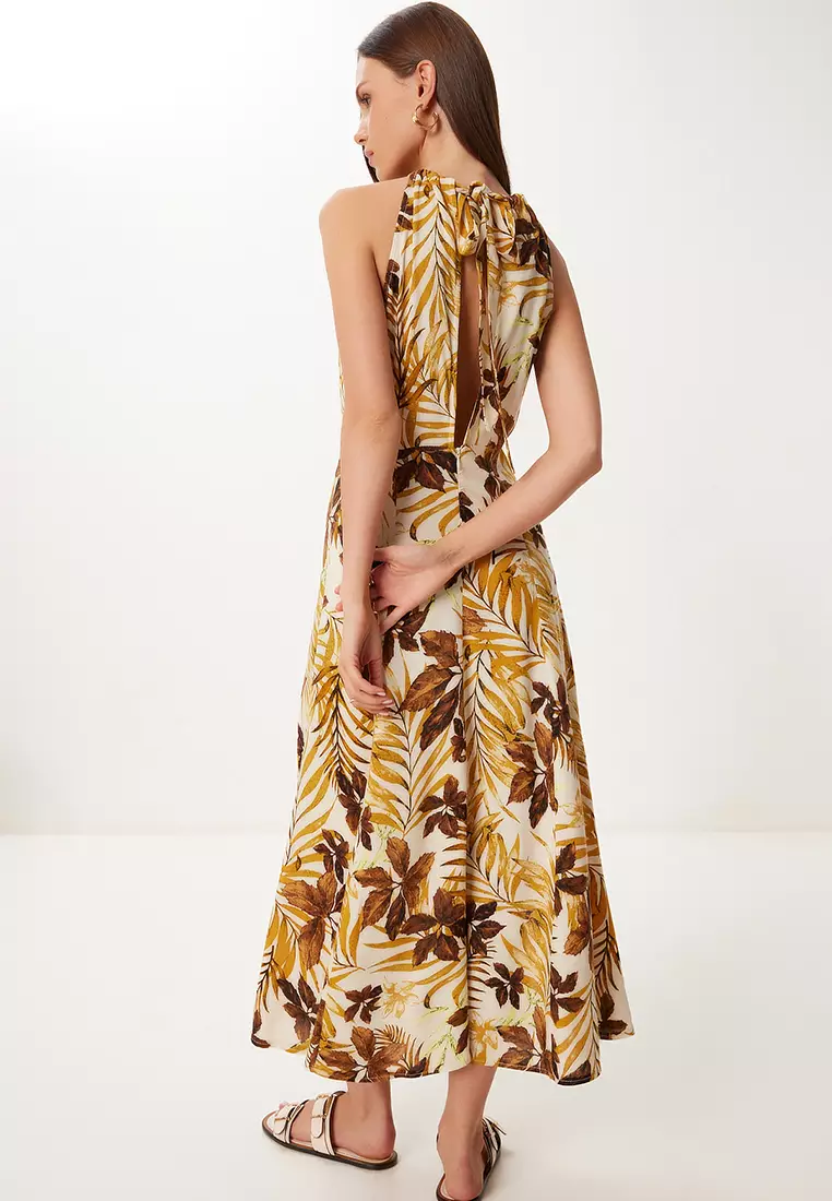 Women's Cream Mustard Halter Neck Patterned Midi Viscose Dress Fg00047