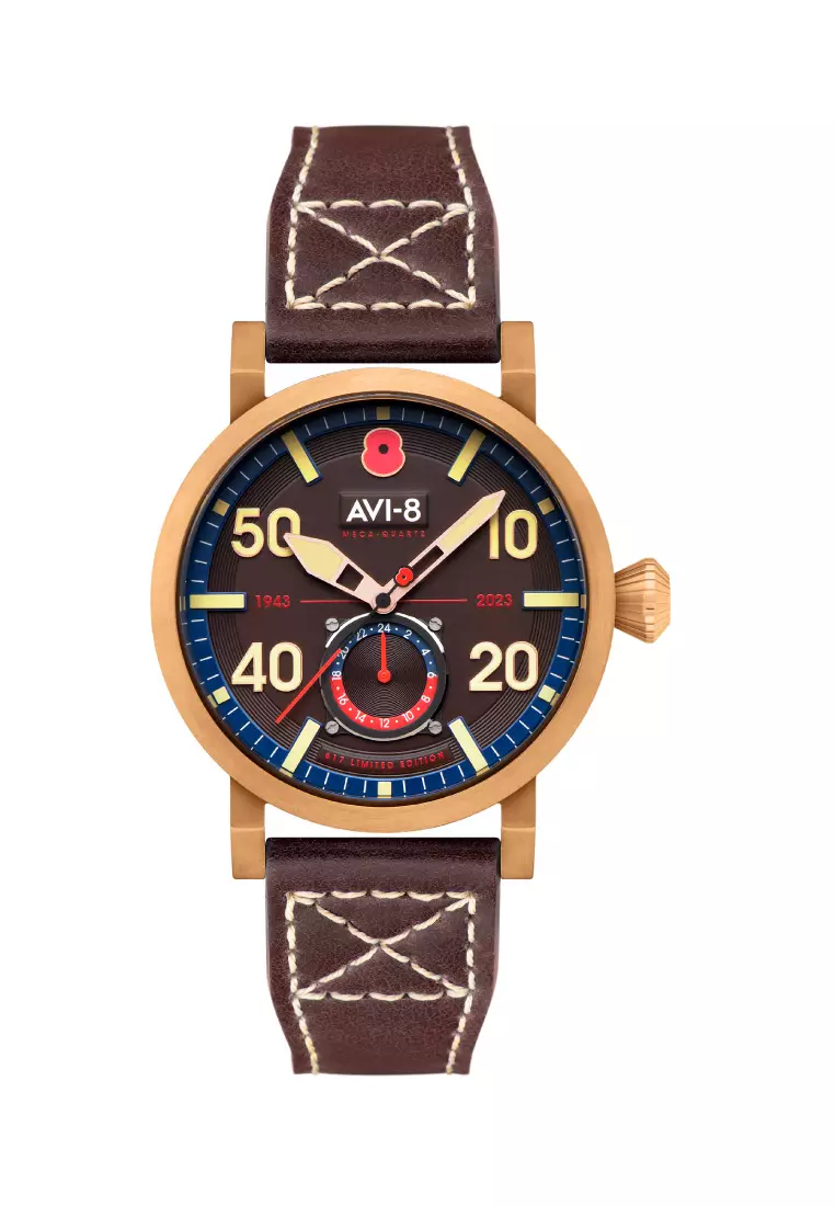 AVI 8 Men s 43mm Dambuster 80th Anniversary Royal British Legion Meca quartz Limited Edition Watch With Brown Leather Strap AV 4108