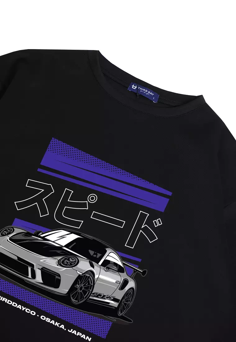 MTN35 kaos oversize scuba tebal mobil balap biru speed hitam