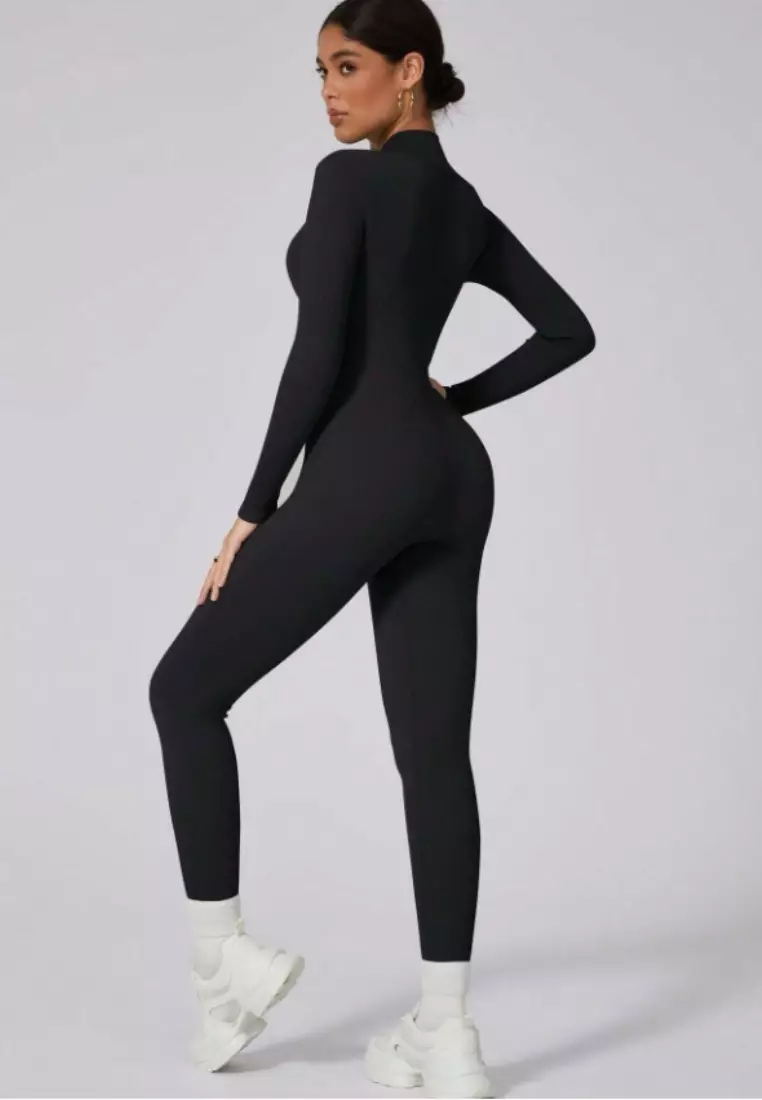 SculptaSuit Women’s Full-Length Sporty Jumpsuit – Stretchy Nylon Spandex Activewear No Bra Padding Yoga & Gym Bodysuit