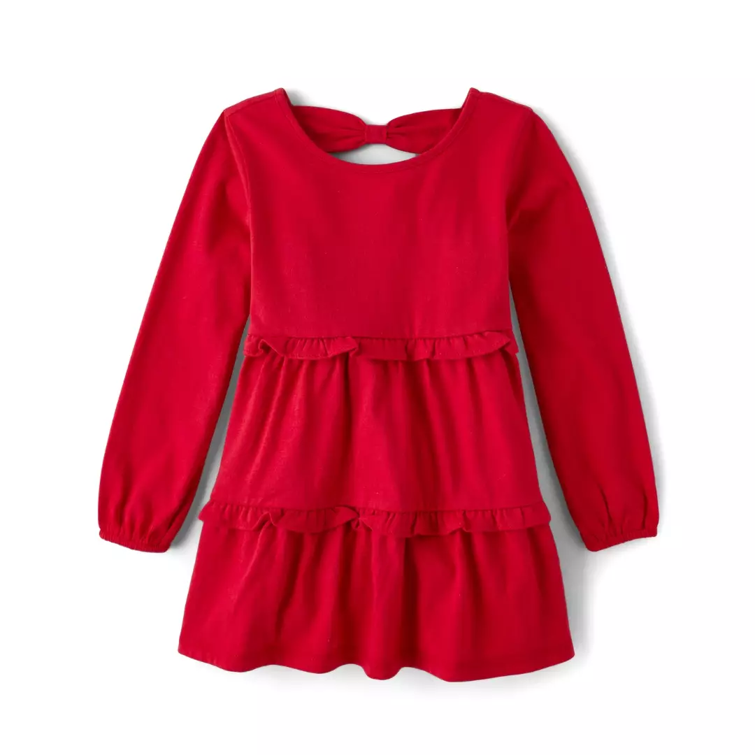 Toddler Girls Bow Back Tiered Dress - Baju Bayi Perempuan (Merah)