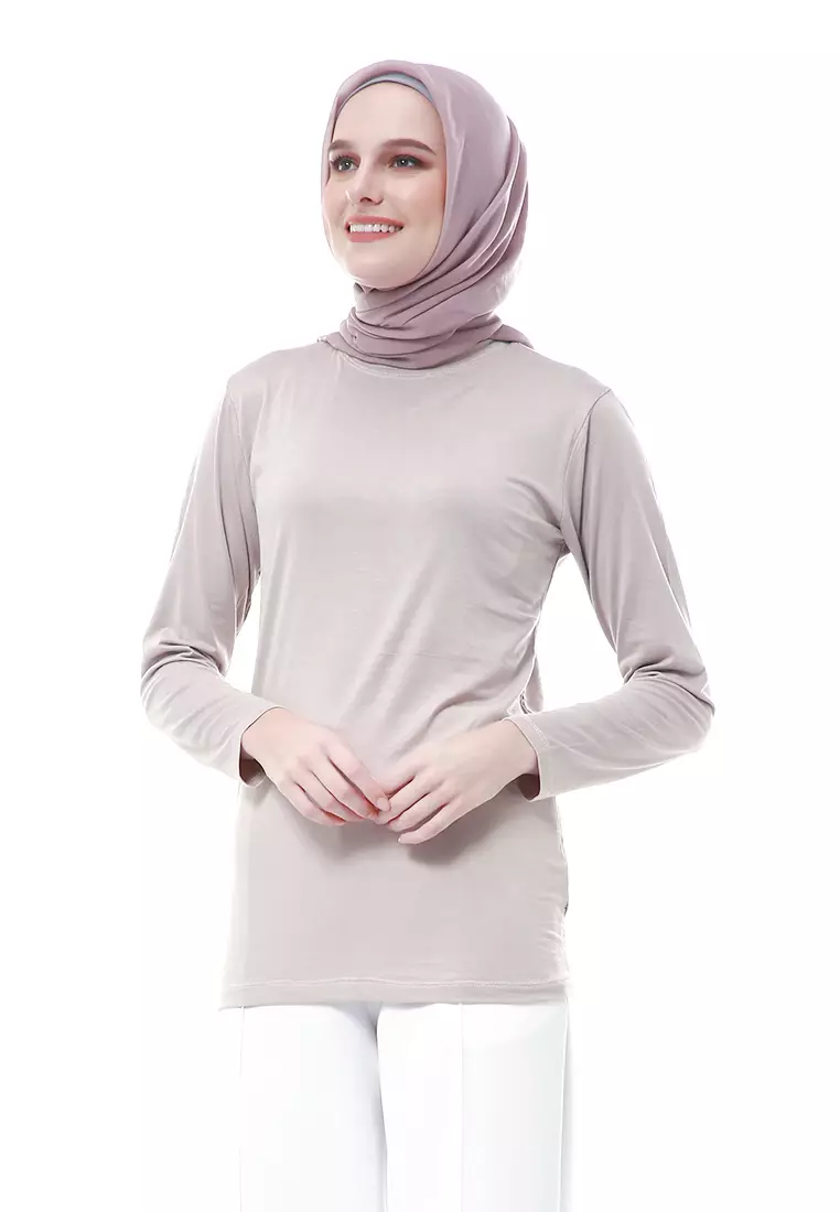 Zlora Manset Atasan Wanita Motif Polos Long Sleeve Reguler Fit - Warm Grey