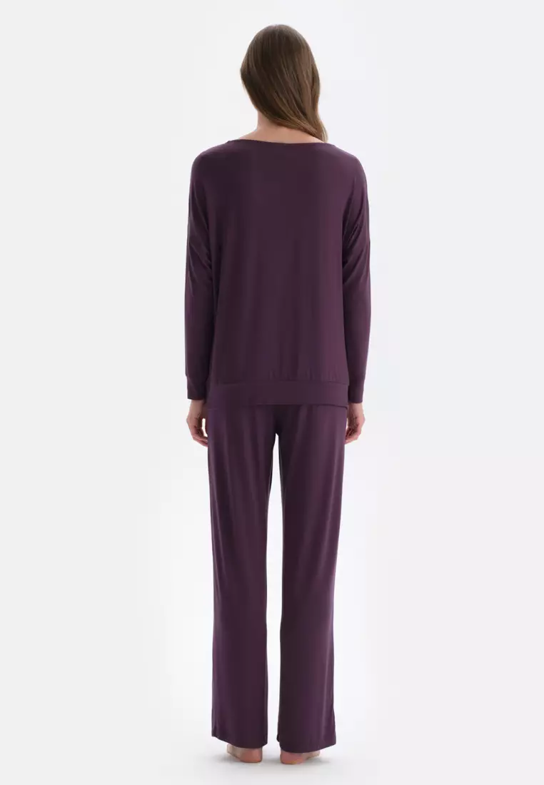 Purple T-Shirt & Trousers Knitwear Set, Boat Neck, Regular Fit, Long Leg, Long Sleeve Sleepwear for Women