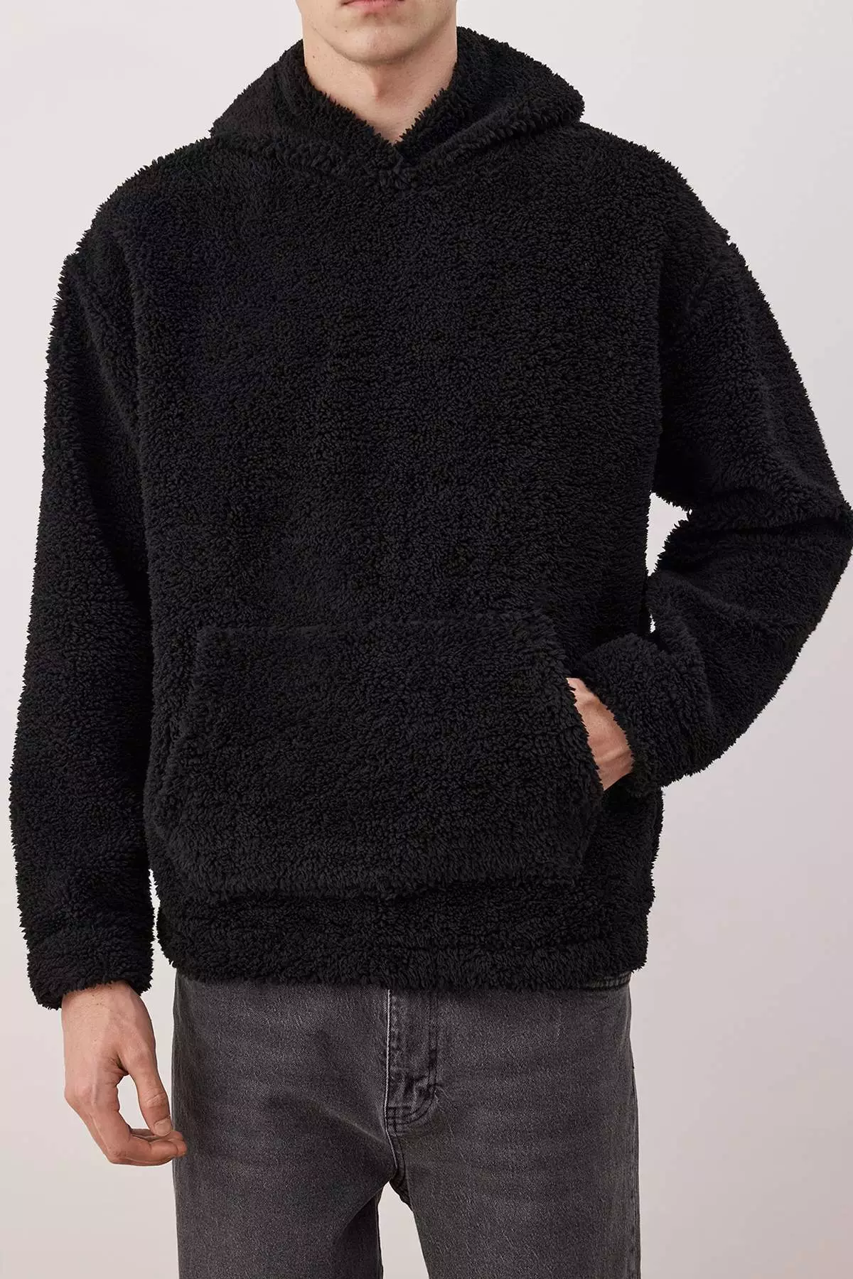 Black Unisex Oversize/Wide Cut Patterned Sherpa Fleece/Plush Hooded Sweatshirt TMNAW25SW00147