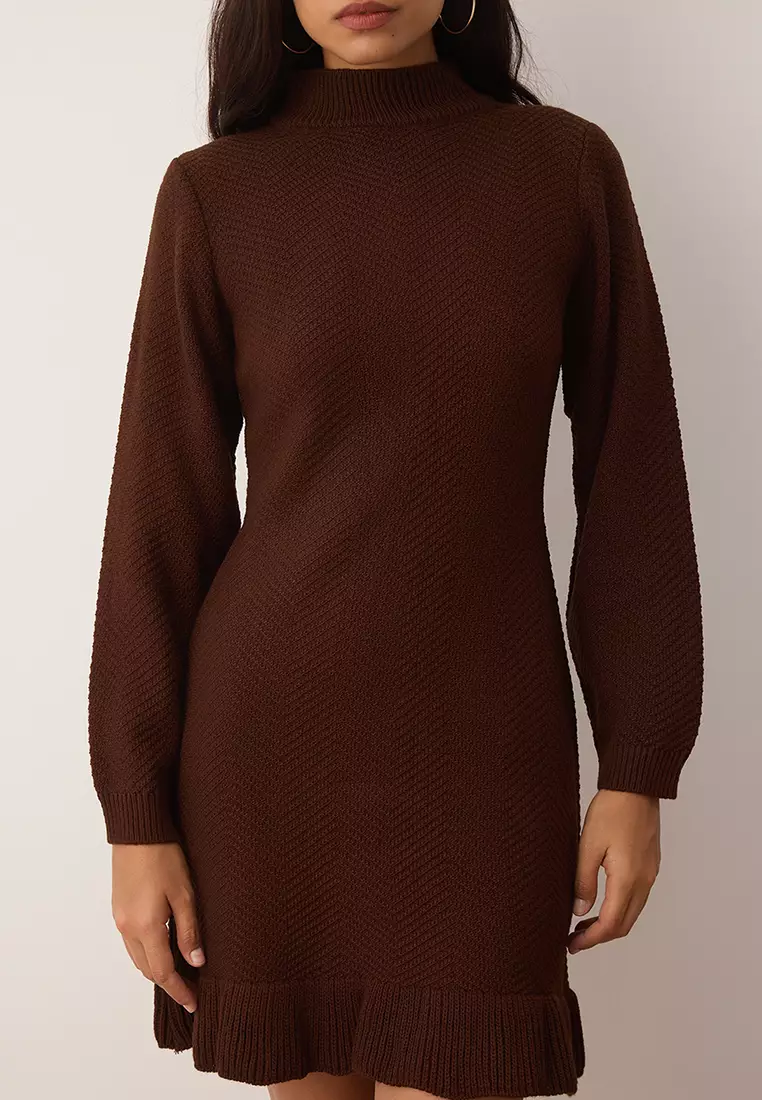 Brown Plain Short / Mini Ruffle Stand Collar Knit Dress Twoaw26El00099