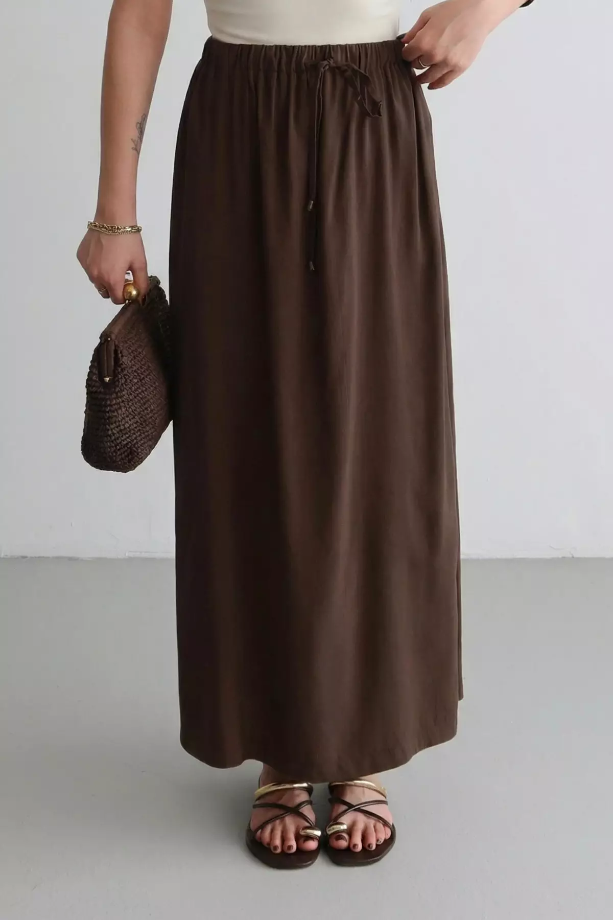 Dark Brown Modal Elastic Waist Long Maxi Skirt Twoss26Et82