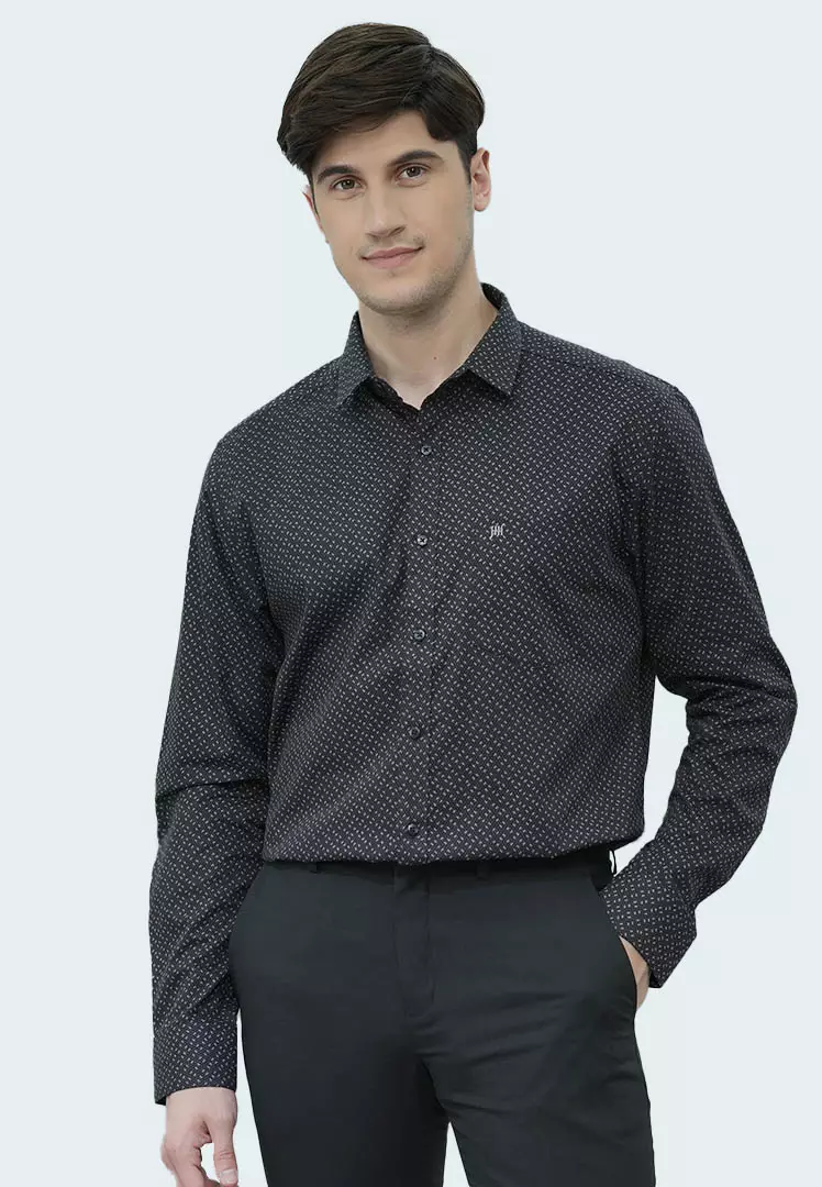 Johnwin - Kemeja Formal - Kemeja Motif Lengan Panjang RegularFit Hitam