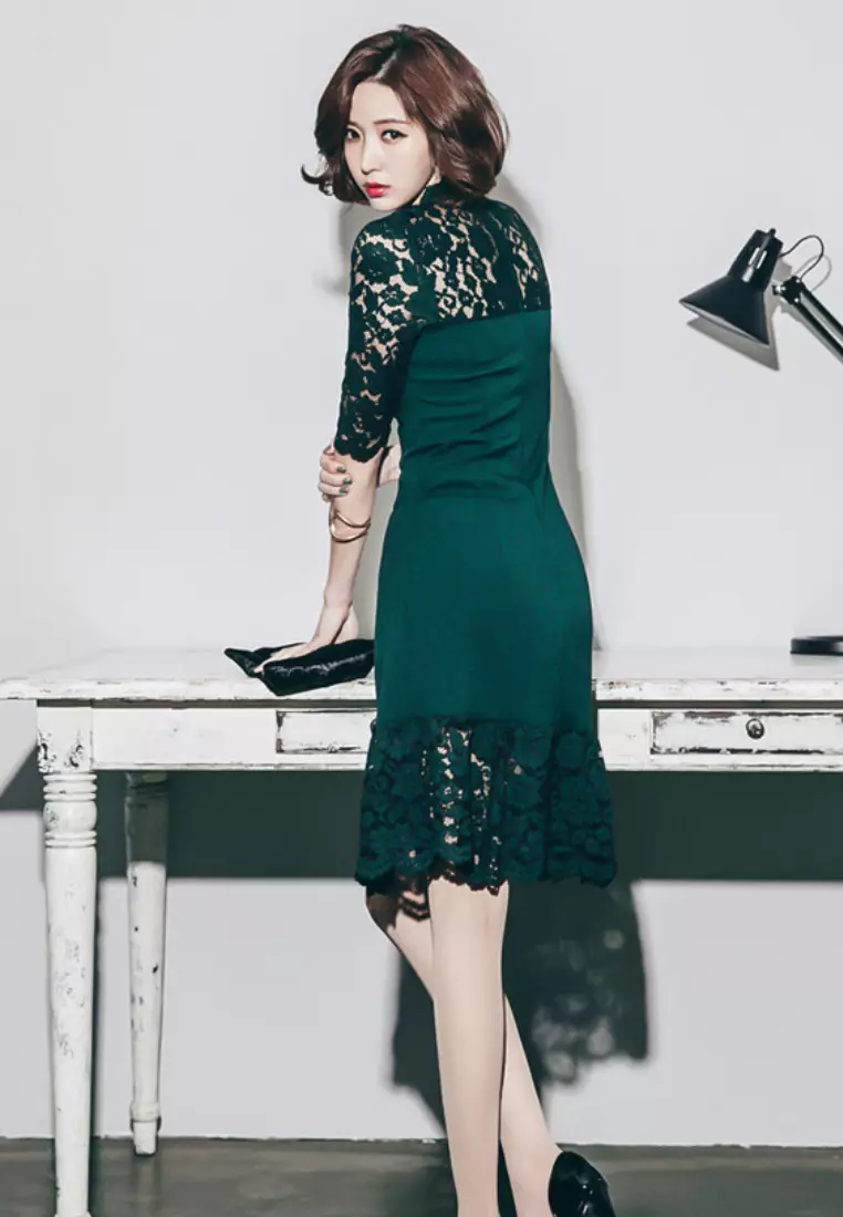 New Green Lace Half Sleeves One Piece Mini Dress UA060614-0