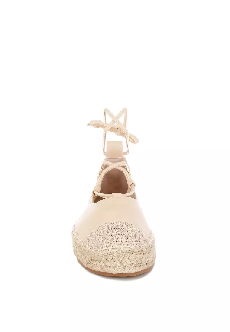 Woven Toe Lace-Up Espadrilles in Beige