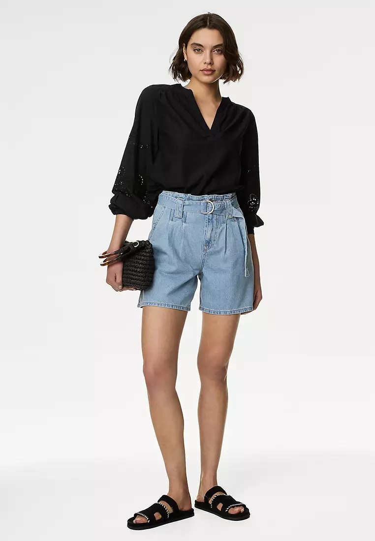 Denim Pleat Front Belted Shorts