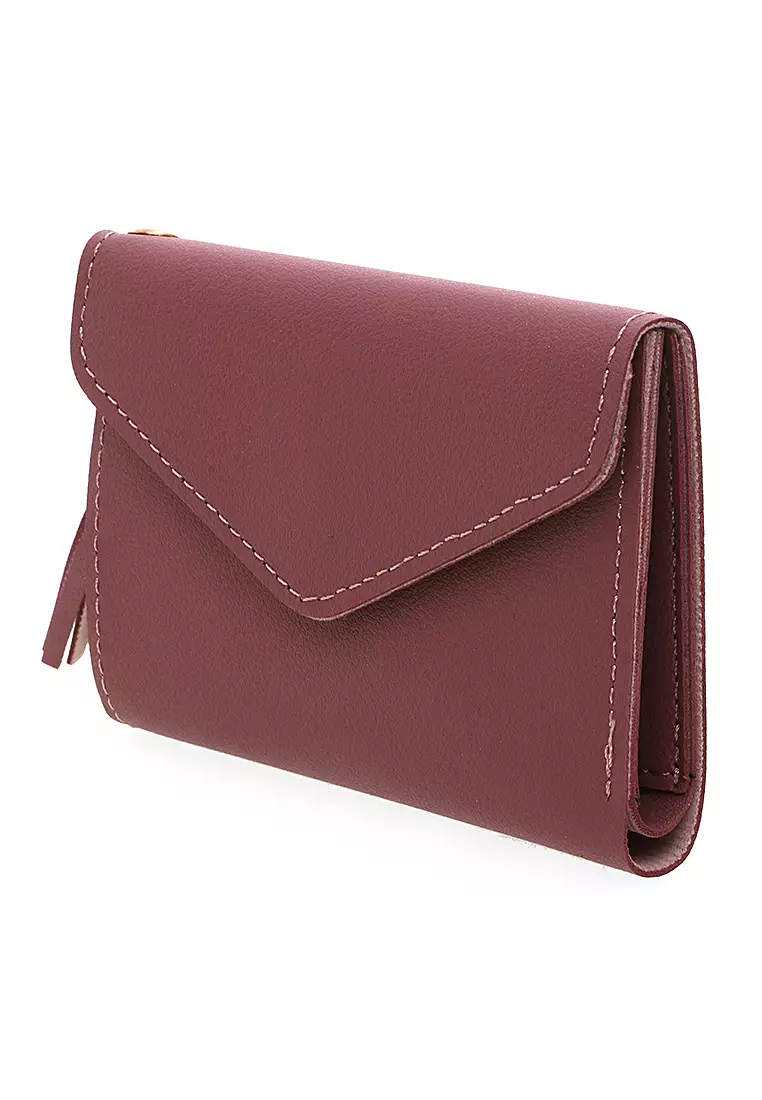 Dompet Wanita Aksen Rumbai Motif Solid Design Pastel Detail Kancing Snap - Pink Tua