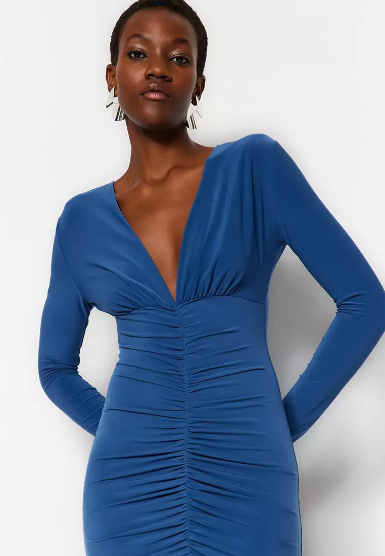 Fitted V-Neck Ruched Midi Dress