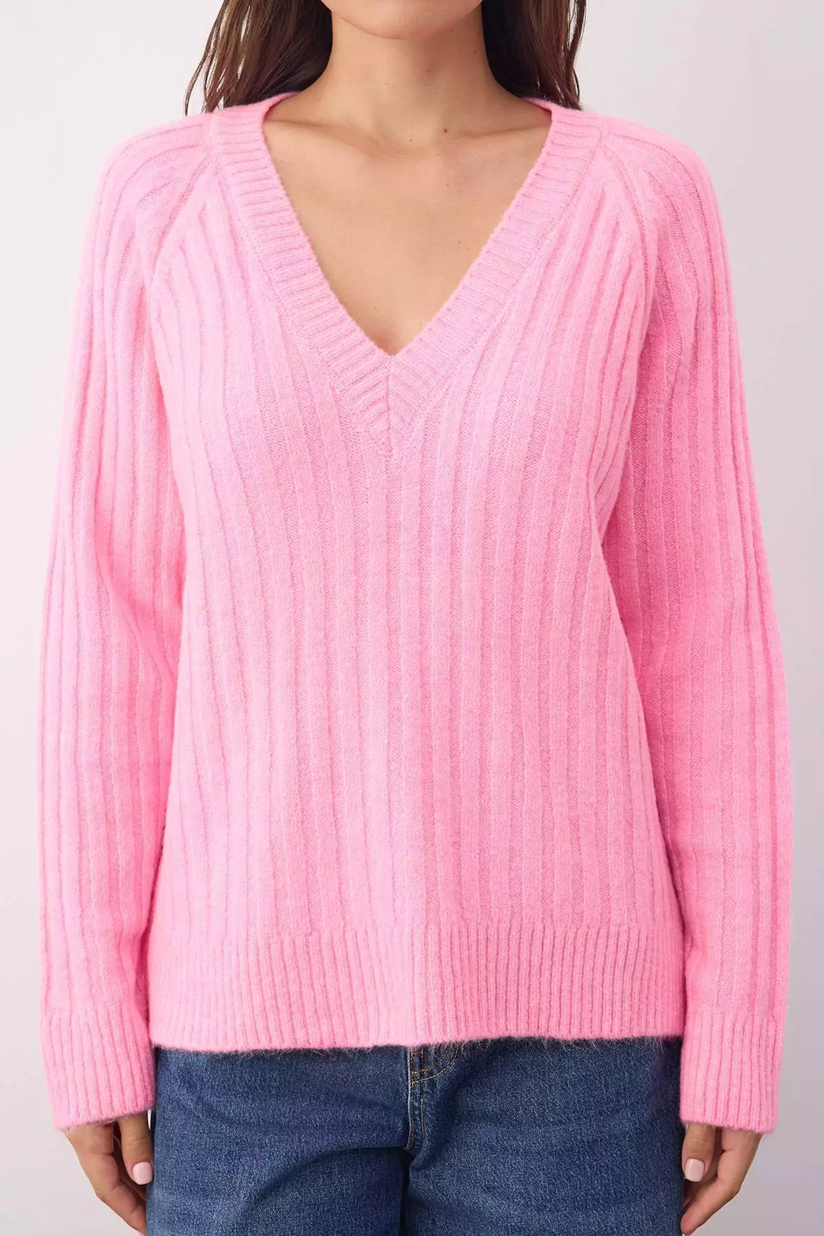 Wardrobe Essentials Pink Soft Textured Ribbed Knit Sweater