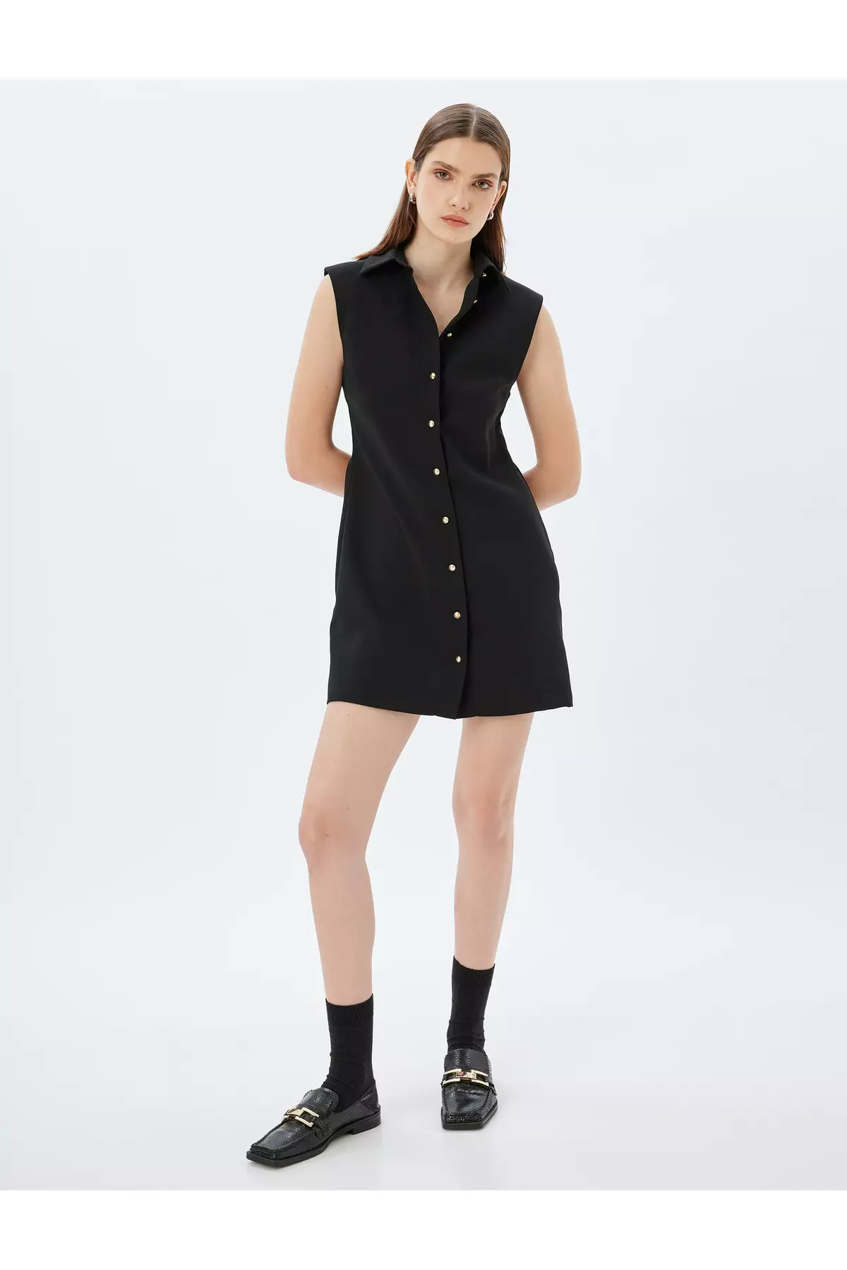 Mini Size Buttoned Sleeveless Shirt Dress