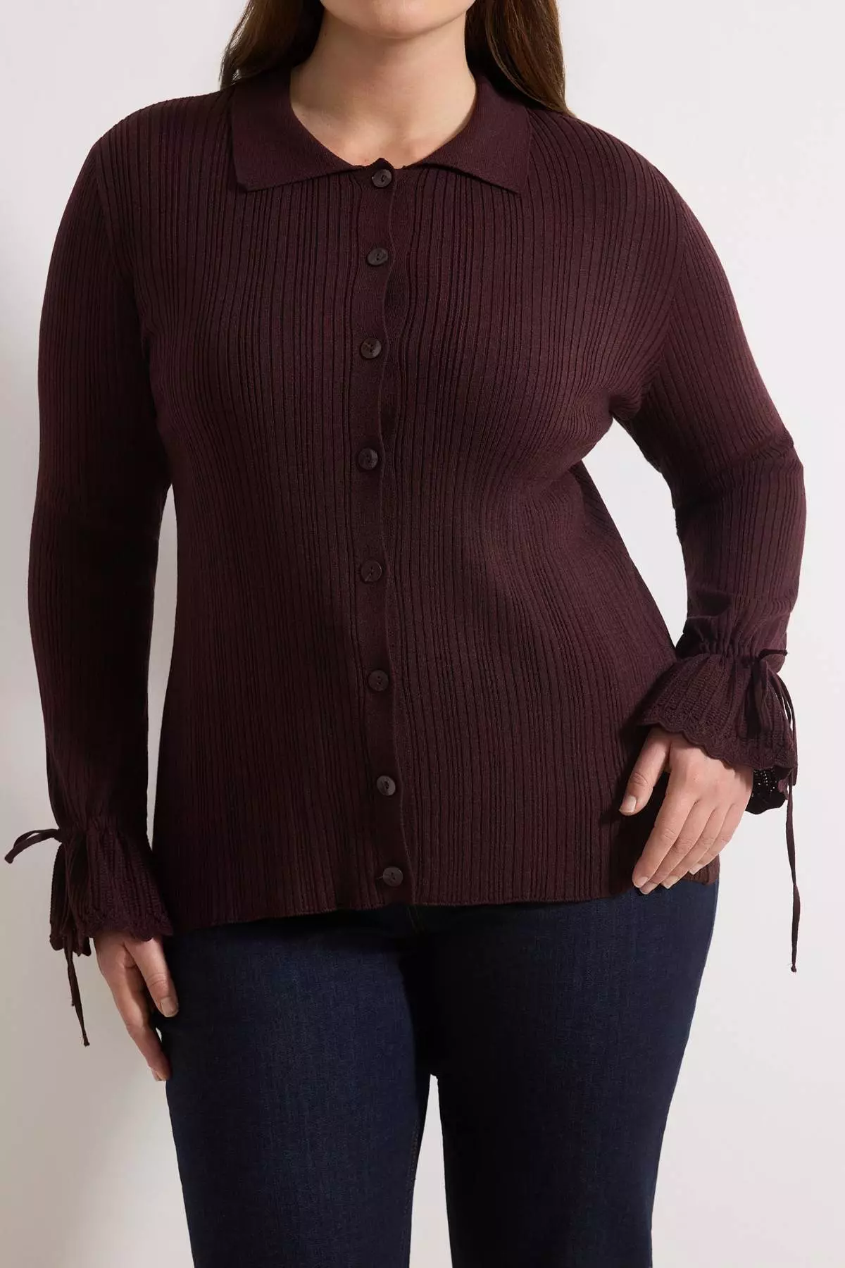 Burgundy Mercerized Look Corded Fabric Polo Neck Knitwear Cardigan Tbbaw26Av00032
