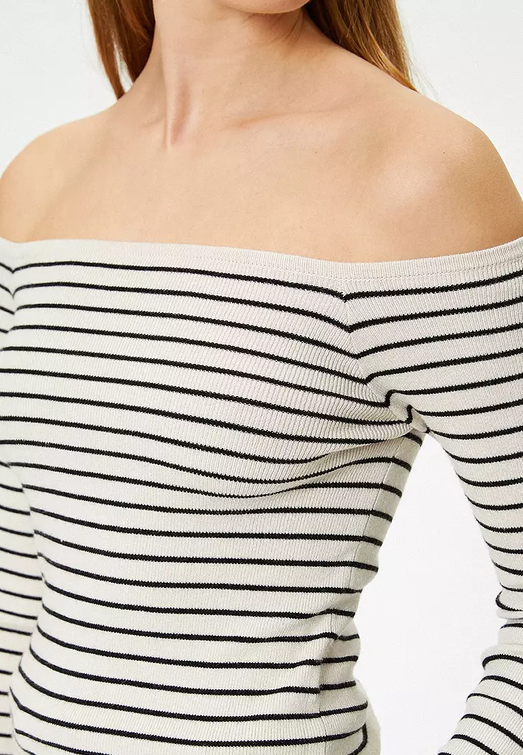 Long Sleeve Boat Neck Off-The-Shoulder Striped Knitwear Sweater