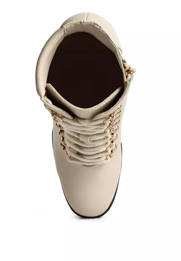 Beige Lace Up Block Heel Boots