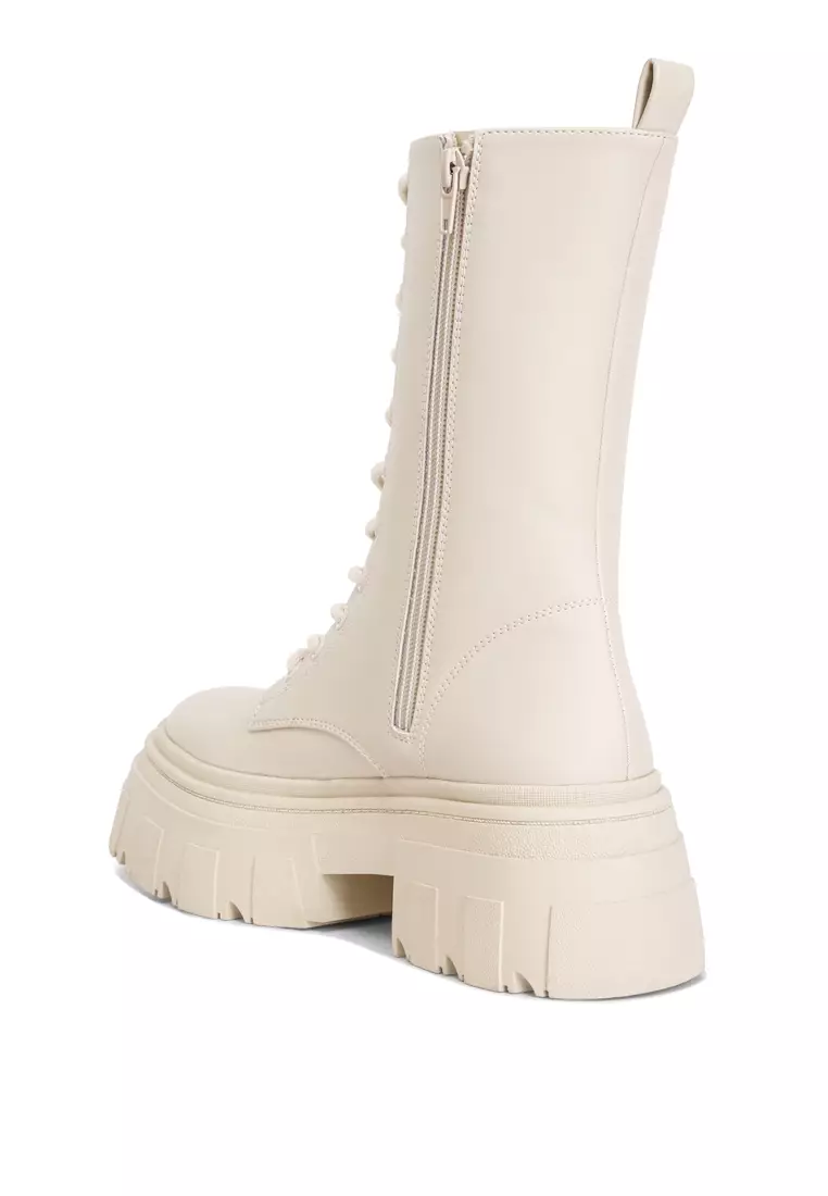 Ecru Faux Leather Combat Chunky Boots