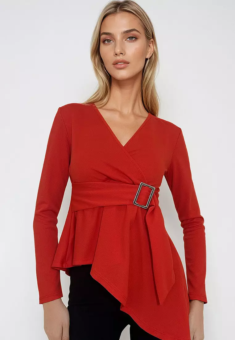 V-Neck Asymmetrical Cut Belt Double Breasted Blouse