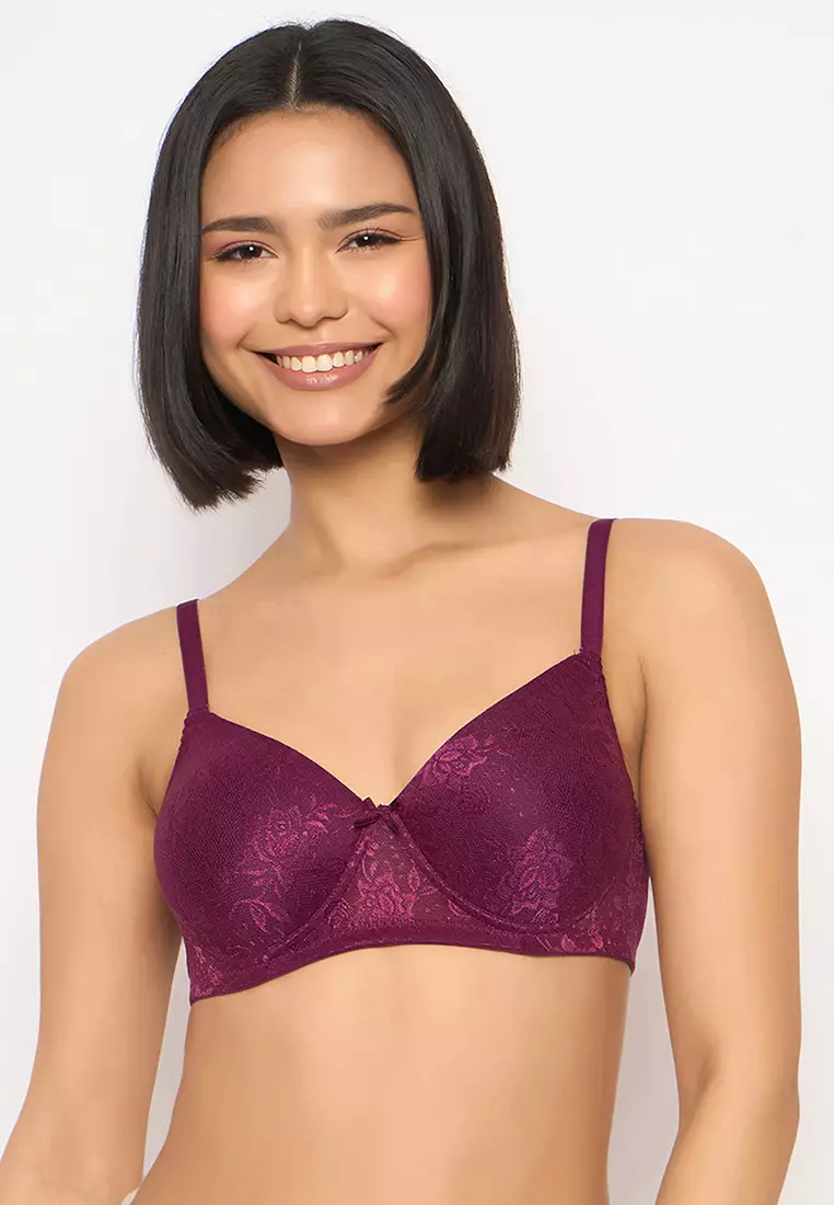 Clovia Lace Padded Non-Wired Full Coverage Bra in Purple