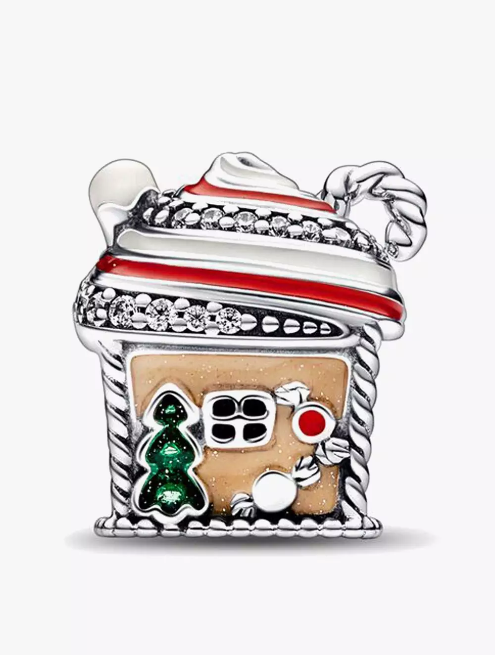 Gingerbread house sterling silver charm with clear cubic zirconia, white, red, brown and green enamel