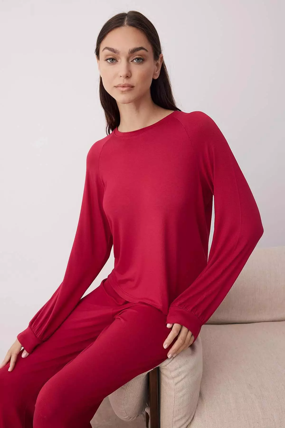 Burgundy Raglan Sleeve Viscose Knitted Pajama Set Thmaw26Pt00019