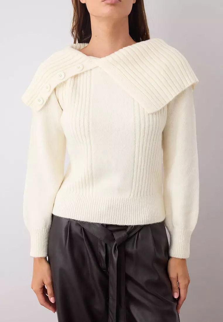 Ecru Soft Texture Turn-Down Collar Knitwear Sweater Twoaw26Kz00024
