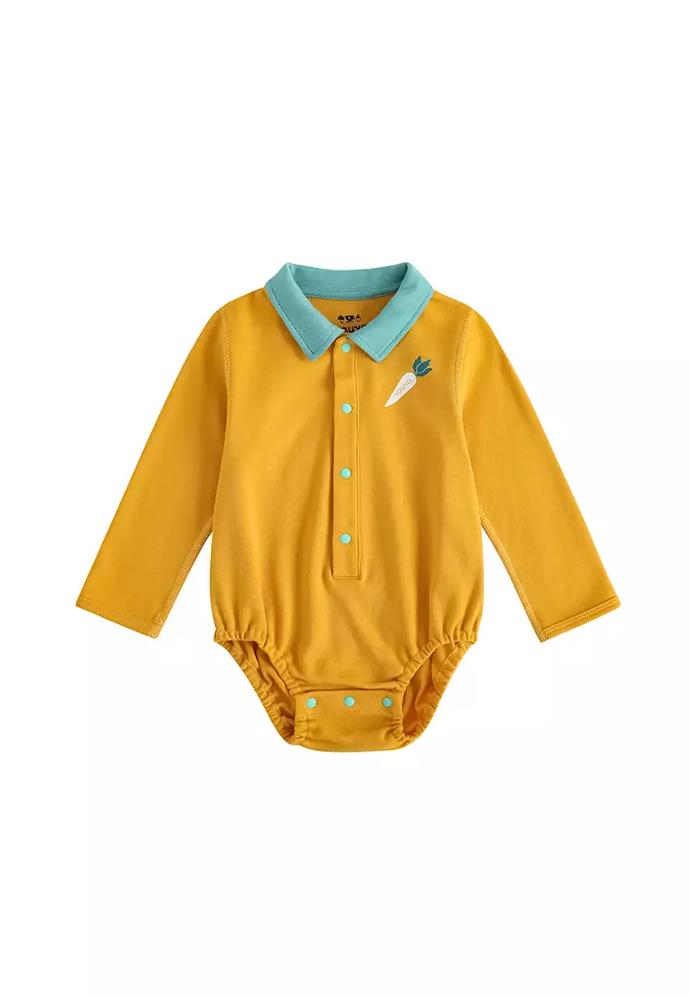 Vauva FW23 - Baby Boy Carrot Pattern Cotton Polo Long Sleeve Bodysuit (Yellow)