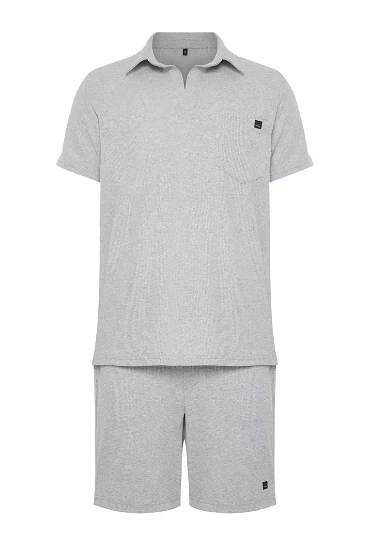 Gray Regular/Normal Cut Textured Fabric Labeled Polo Collar Tracksuit Set TMNSS23EM00003