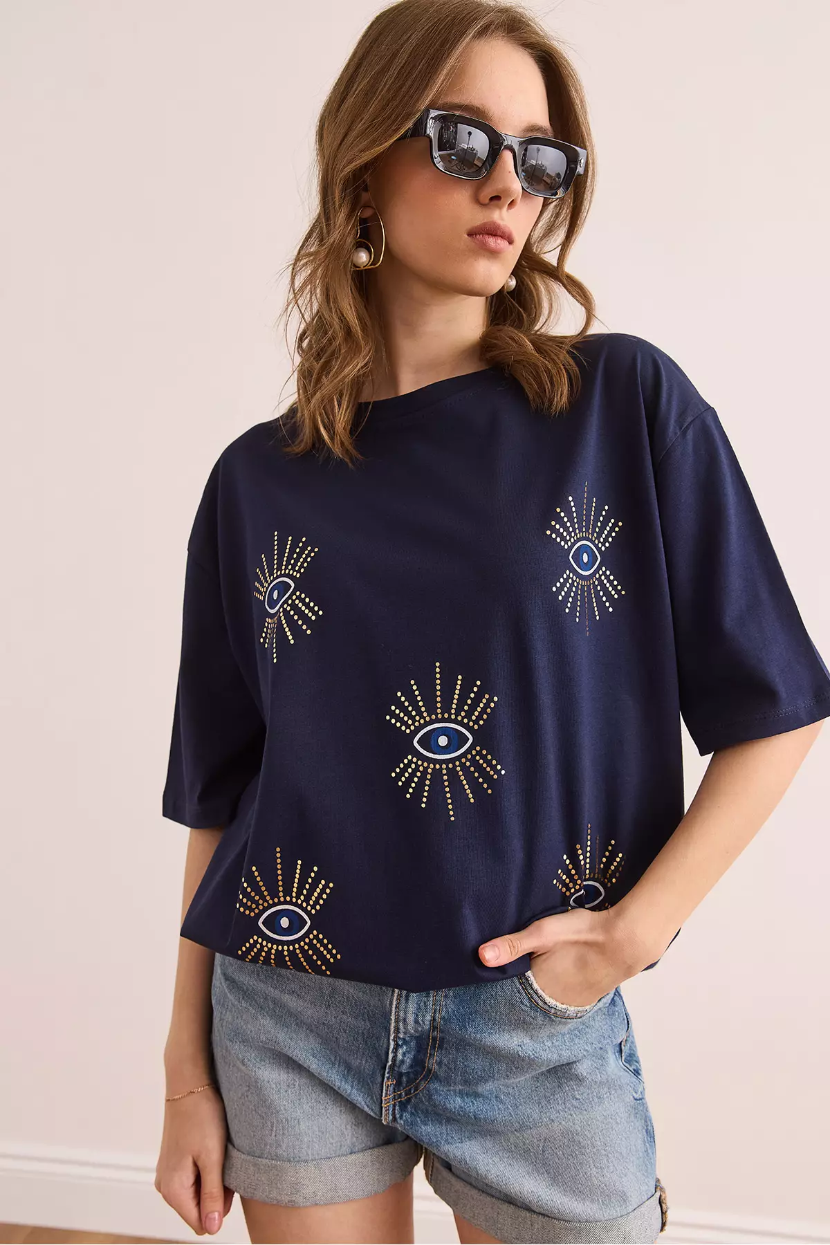 Women's Navy Blue Eye Printed Foil Detailed T-Shirt Tsh- 19000770