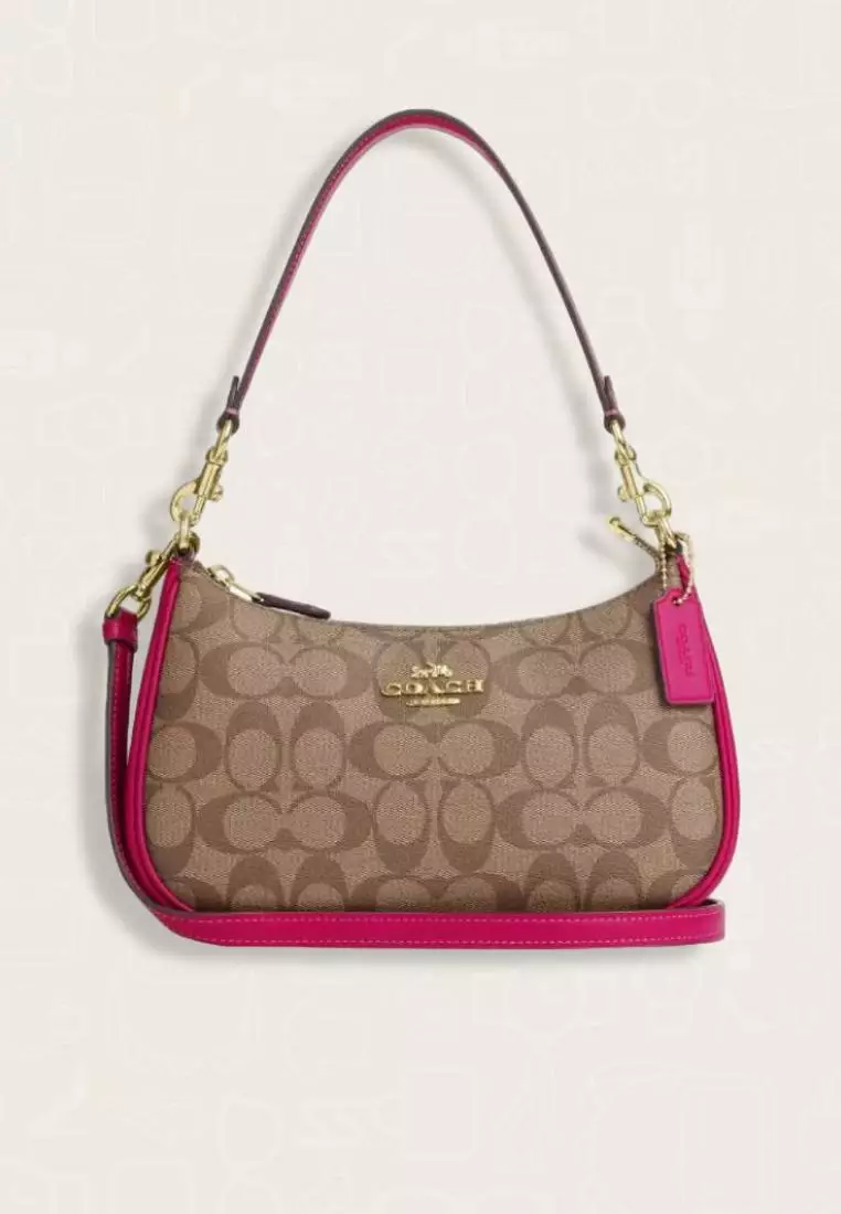 Coach Teri Shoulder Bag In Signature Canvas Khaki Cerise