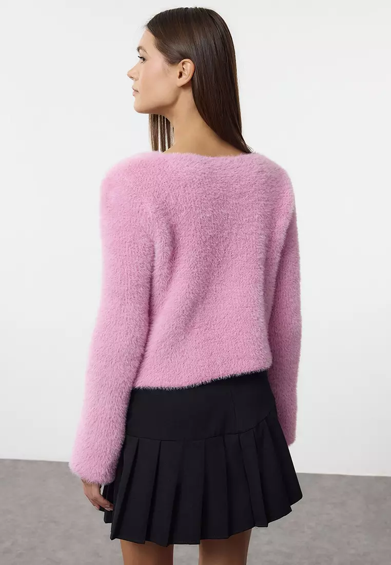 粉紅色短版羽毛綁帶針織外套 TWOAW25HI00111