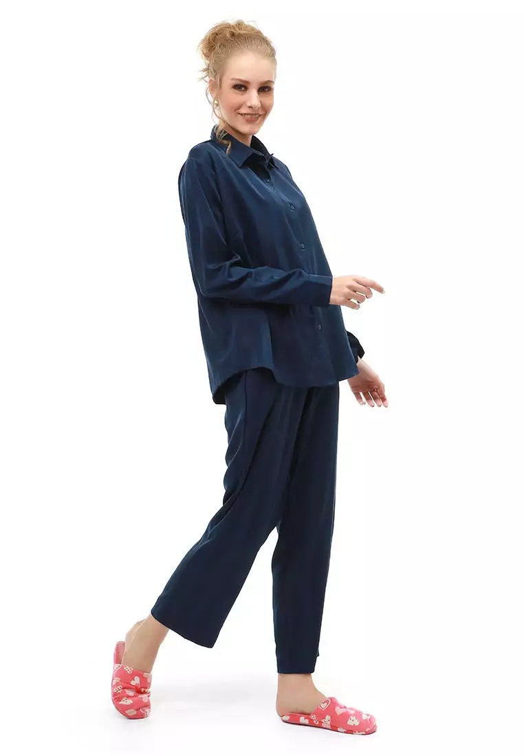 Vance Pajamas Salur Setelan Baju Tidur Wanita Lengan Panjang Material Cotton Silky ORIGINAL - Blue