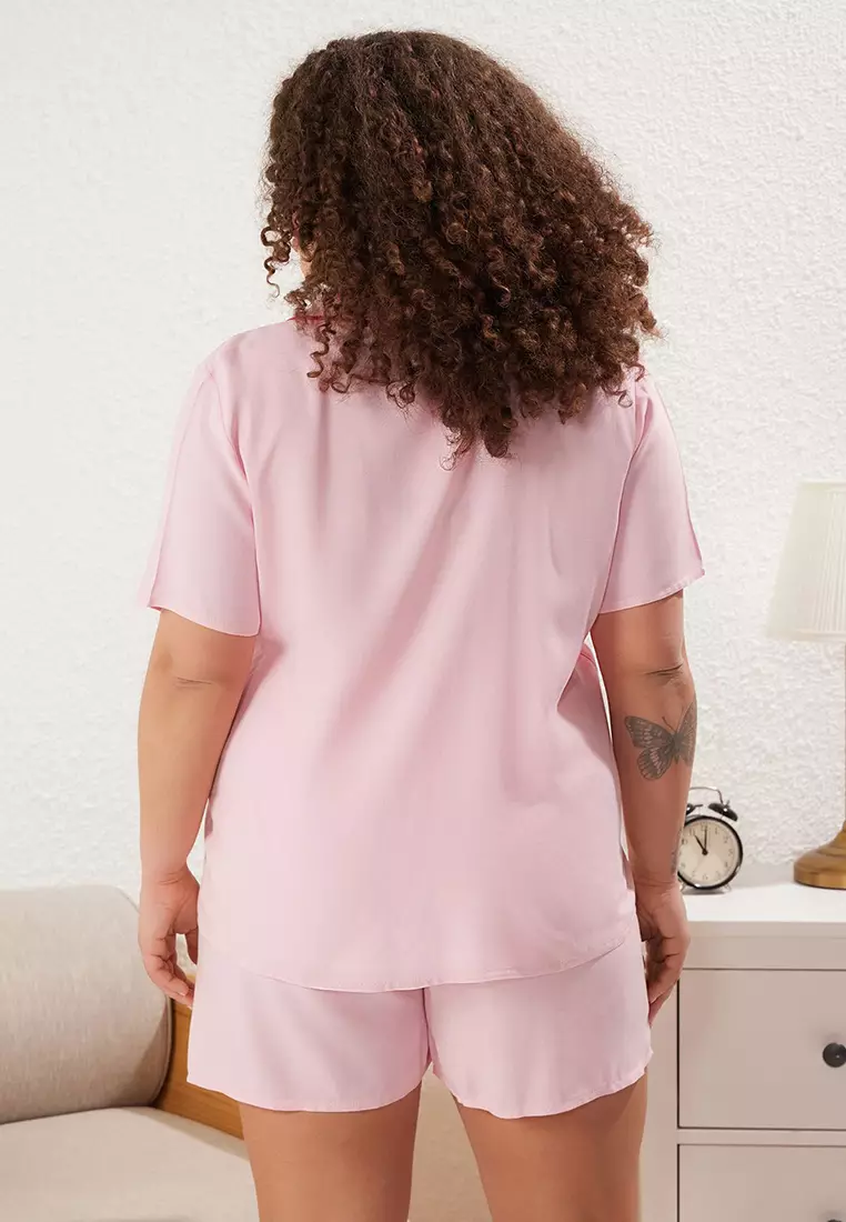 Pink Heart Embroidery and Piping Detail Viscose Woven Pajama Set TBBSS25AI00015