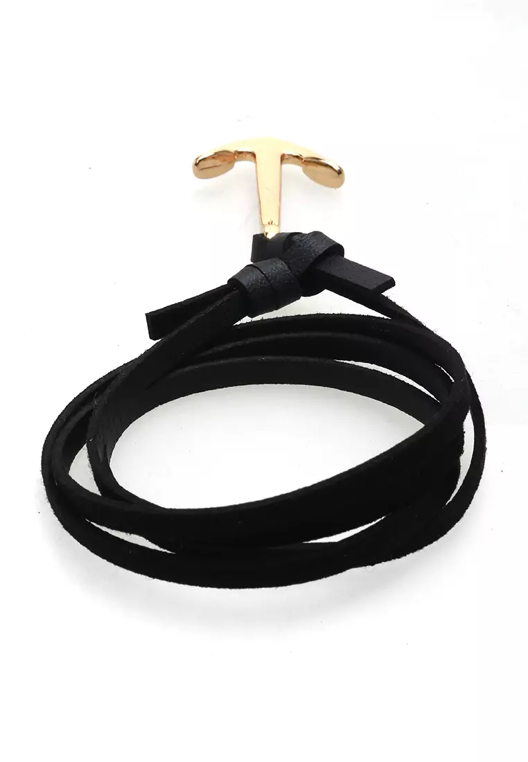 Aleda Gelang Kasual Pria Wanita Aksesoris Fashion Bracelet Adjustable Strap Anchor Design Material Leather ORIGINAL - Black