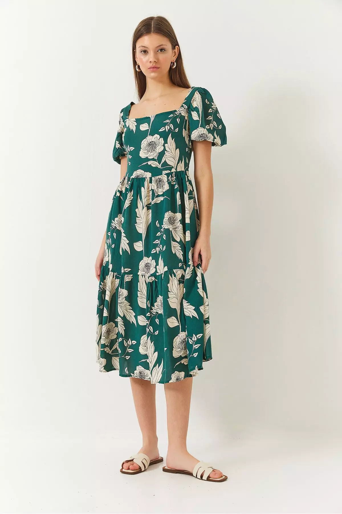 Women's Square Neck Watermelon Sleeve Floral Print Viscose Dress 60261441