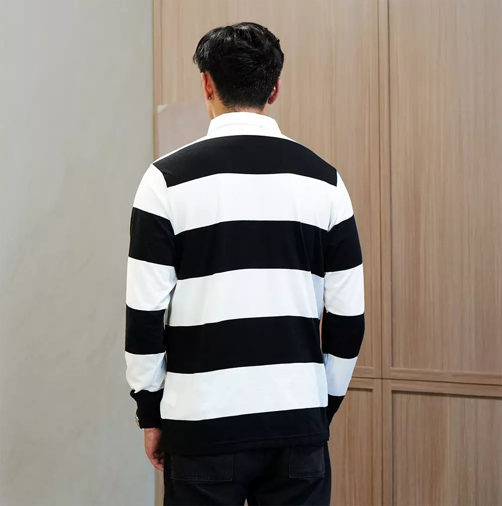 Matsuda Kaos Rugby Polo Shirt Katun Pria Lengan Panjang Nagai Black White