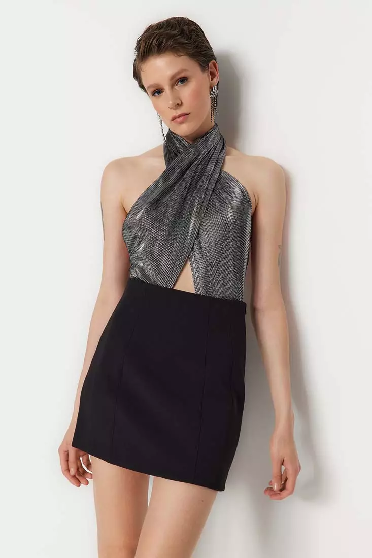 Silver metallic cut top out detail wrap skirt