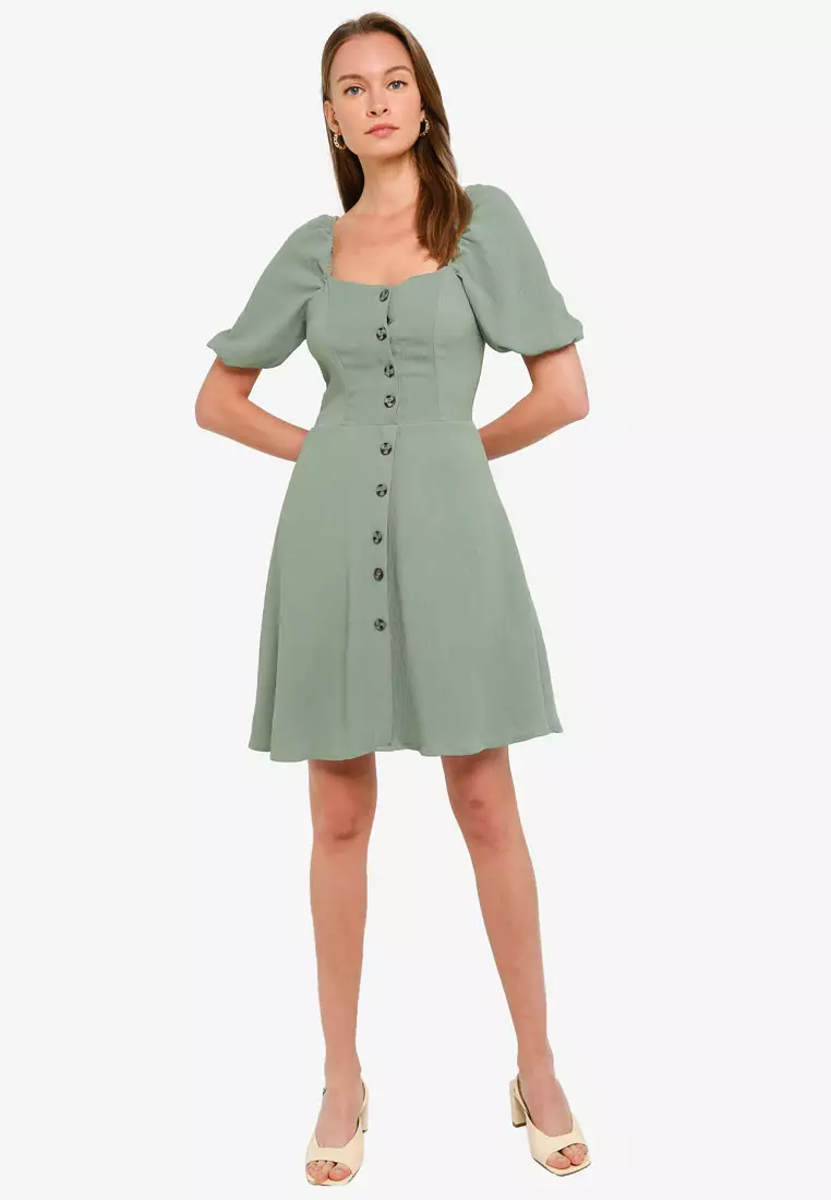 Sage Puff Sleeve Button Mini Dress