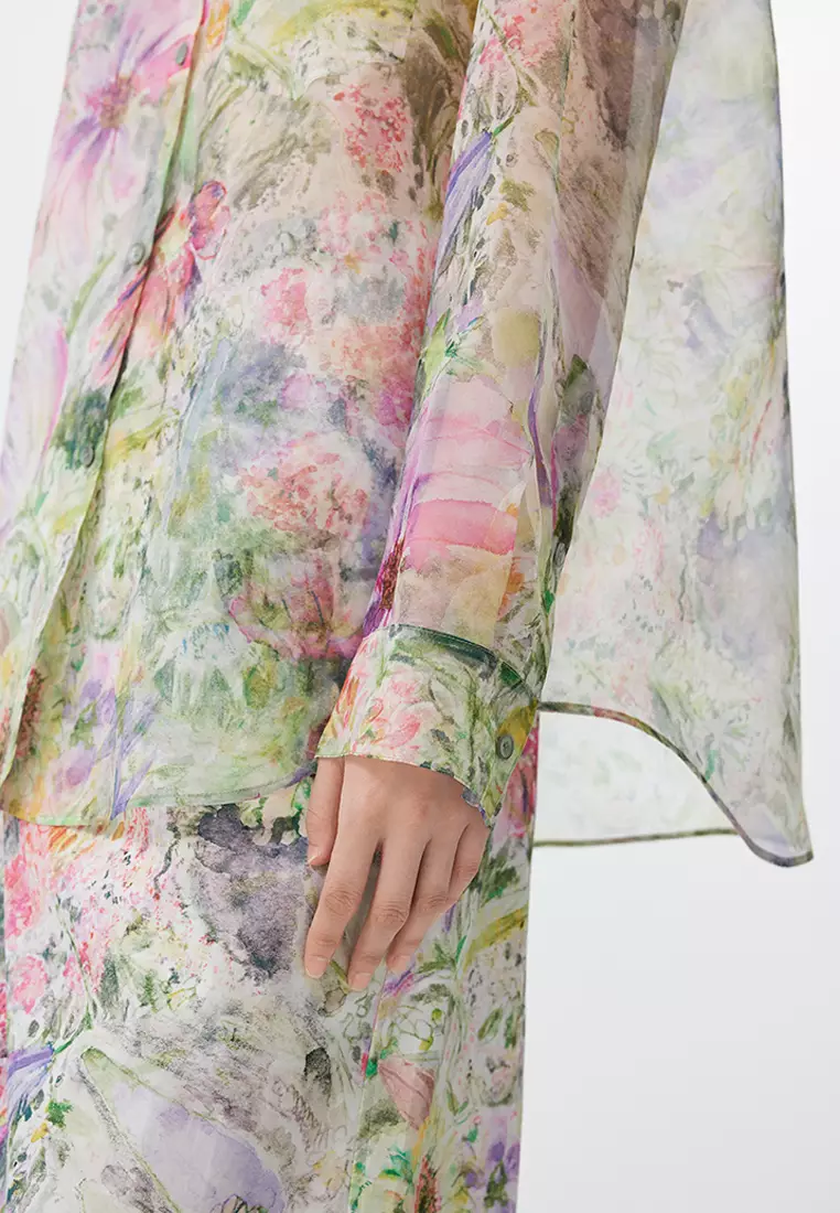 全真絲水彩花卉花型寬鬆長袖襯衣