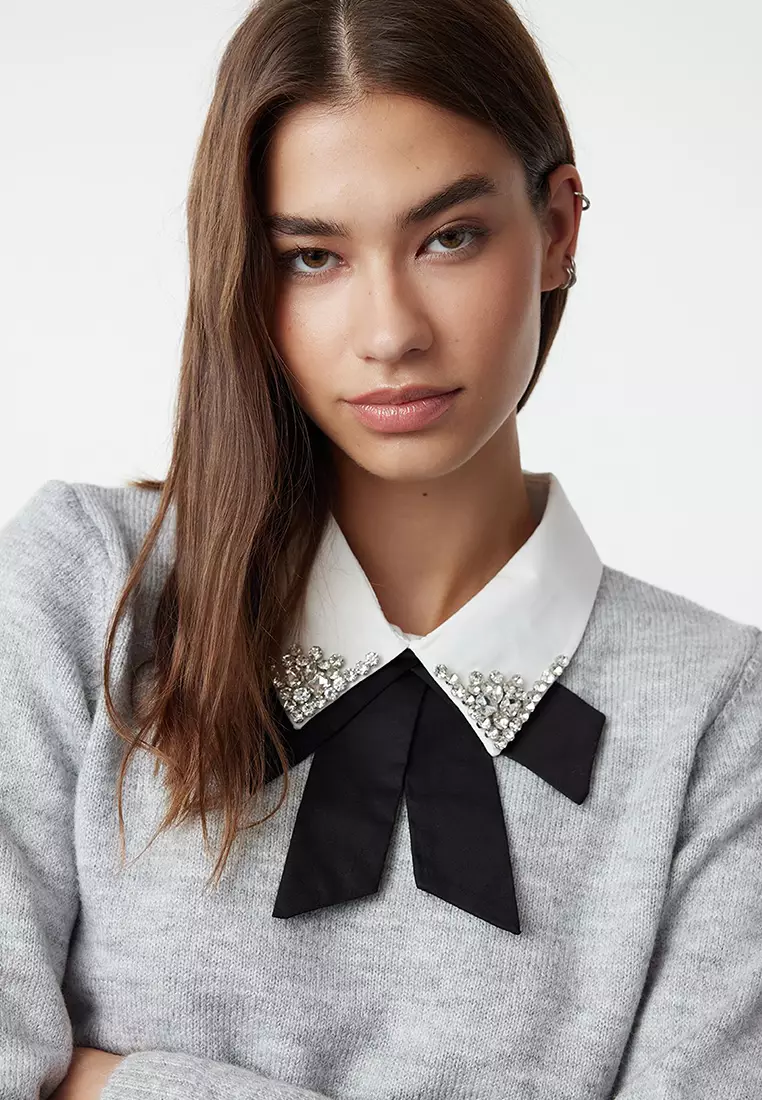 Gray Soft Textured Garnished Ribbon/Bow Detailed Stone Knitted Sweater TWOAW25KZ00035