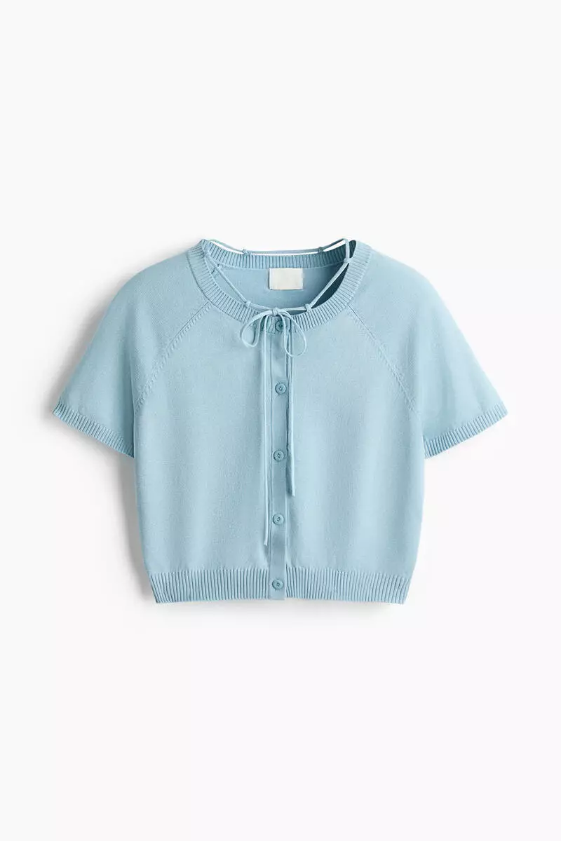 Short-sleeved tie-detail cardigan
